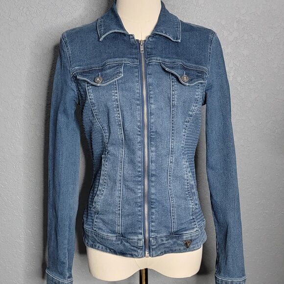 Guess Jacket Med Rigby Denim Moto Zip Distressed Blue Jean Stretch Denim Zip - Picture 13 of 17